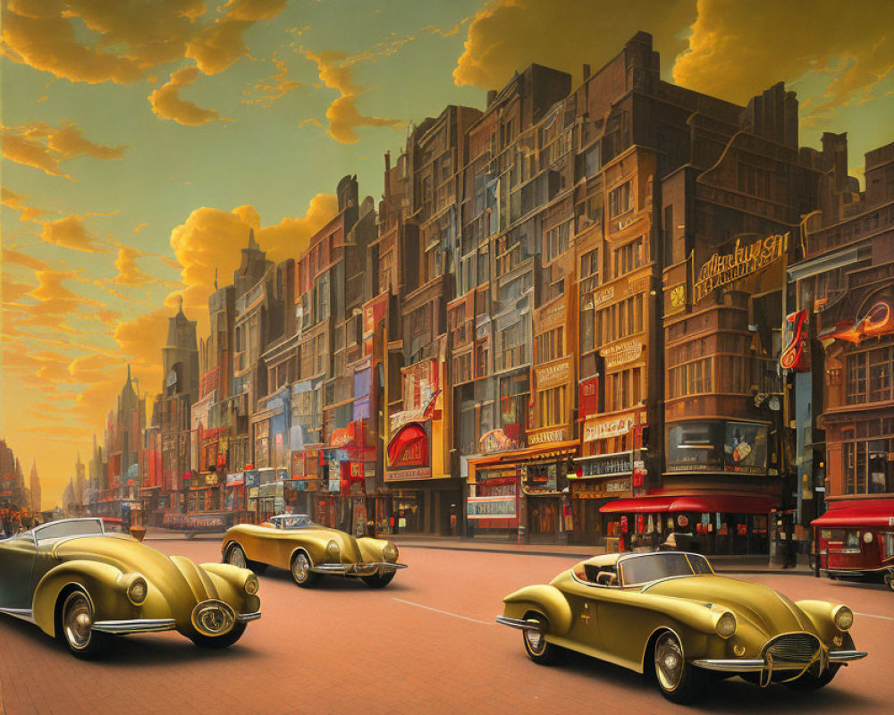 Classic Cars Parked on Retro Street Under Golden Sky