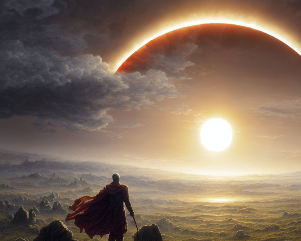 Person in Red Cape Observes Sun Setting Under Eclipse