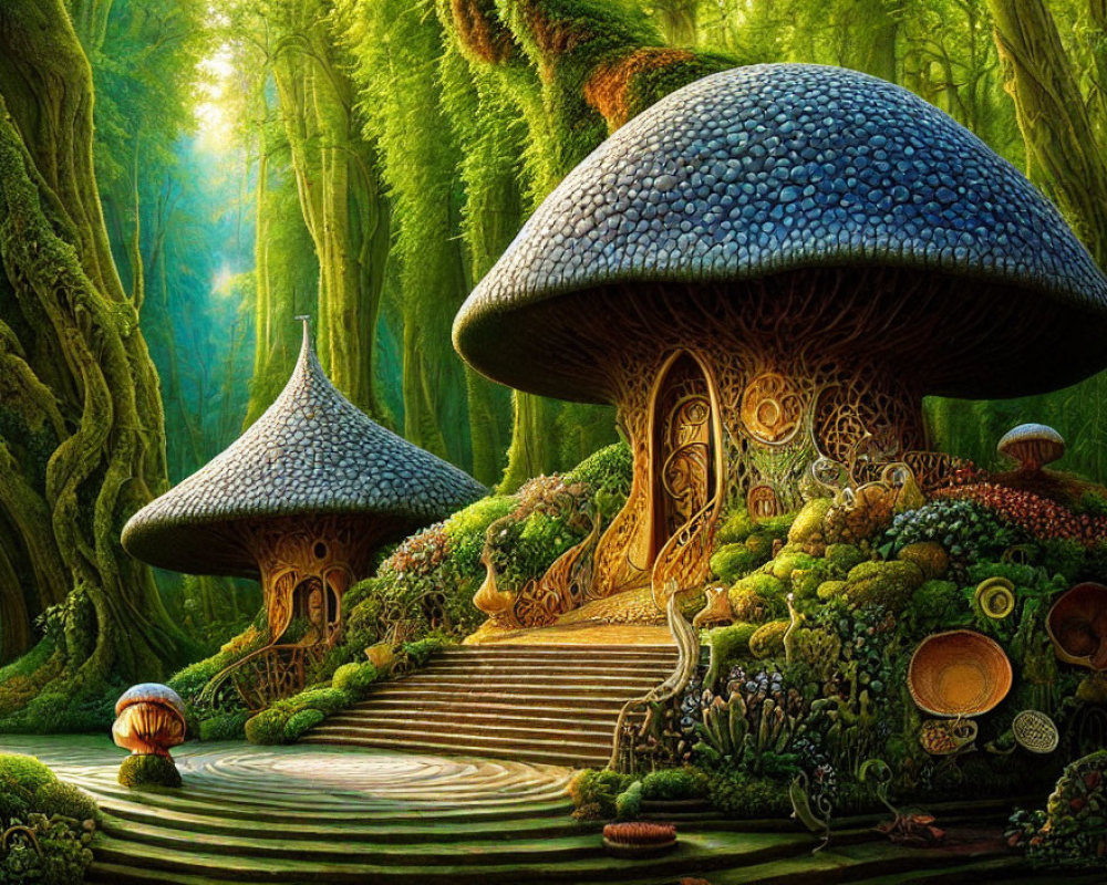 Detailed Mushroom Houses in Whimsical Forest Scene