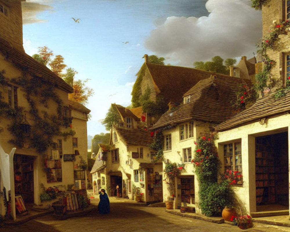 Historical village street with woman in period dress, bookstands, flowers, and clear sky