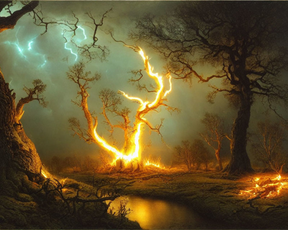 Mystical forest scene: Tree struck by lightning in stormy night.