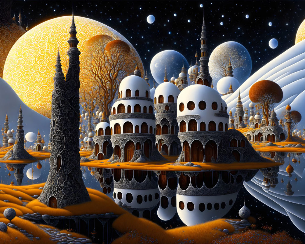 Ornate Arabian nightscape with domed buildings, bridges, and tower under moons and starry