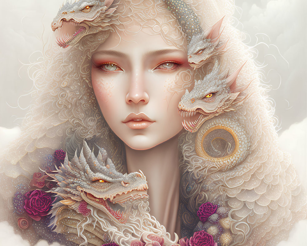Red-eyed person with freckles and dragon heads in soft colors