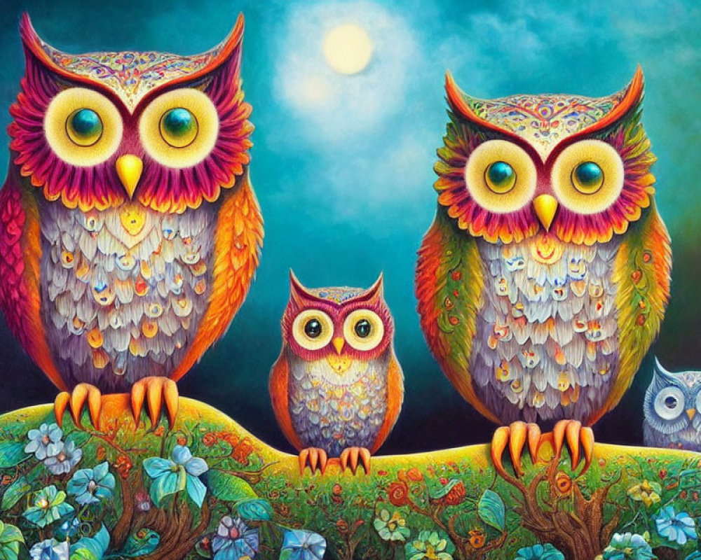 Vibrant Owl Painting on Branch Under Moonlit Sky