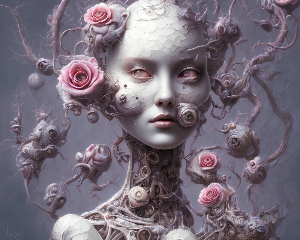 Surreal female figure with cracked porcelain face, mechanical tendrils, and pink roses.