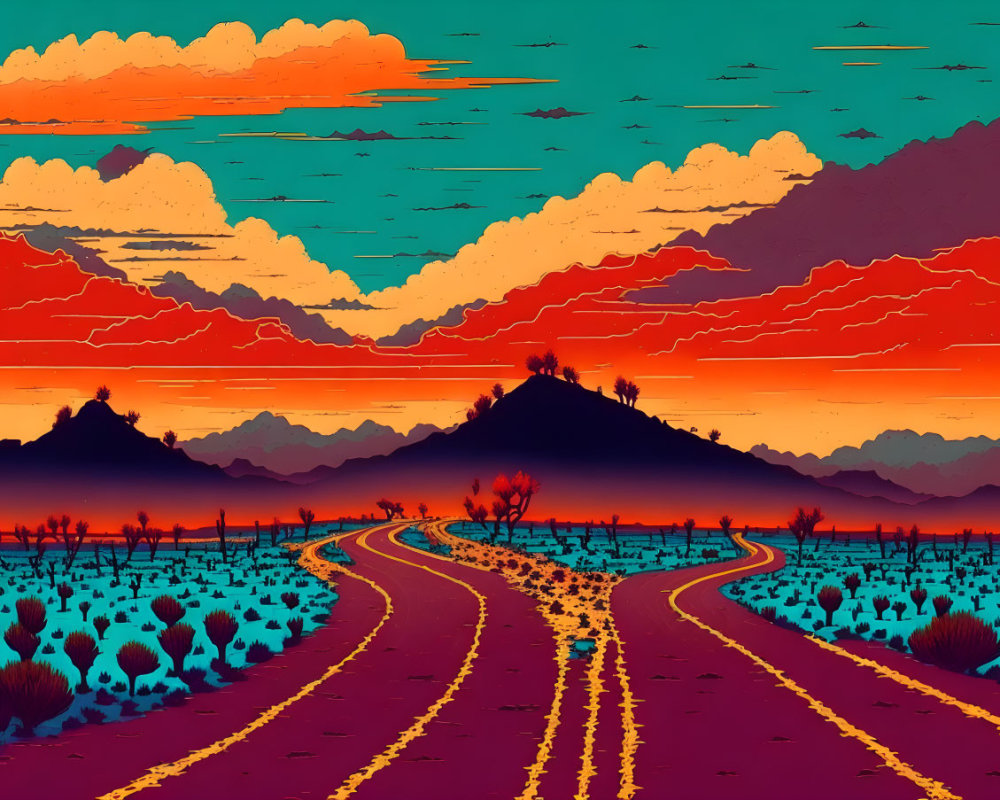 Digital Art: Desert Landscape with Winding Road, Cacti, Mountains, and Colorful Sky