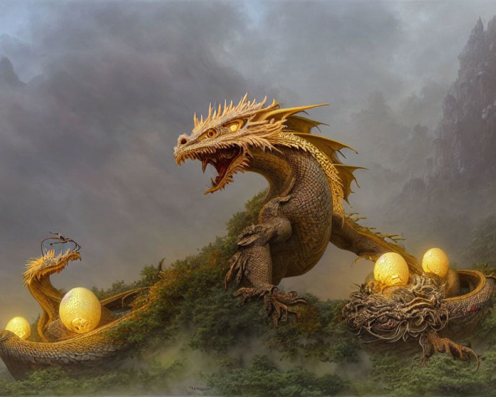 Golden Dragon Guarding Eggs in Misty Mountain Landscape