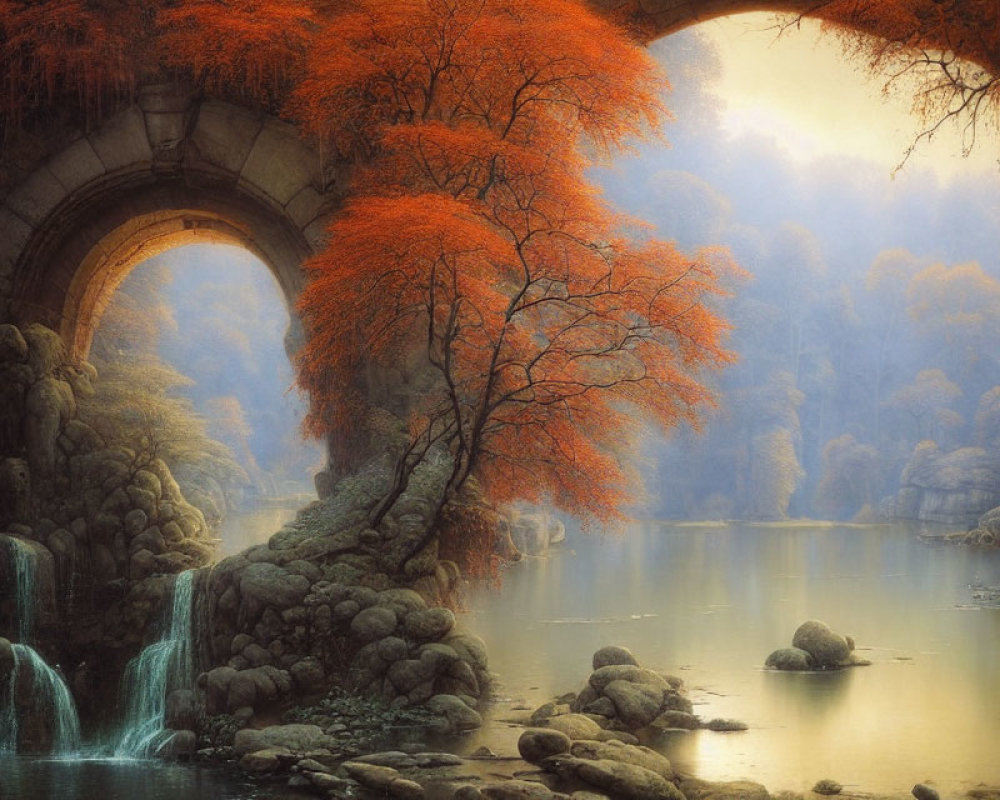 Stone bridge, waterfalls, autumn tree in misty landscape