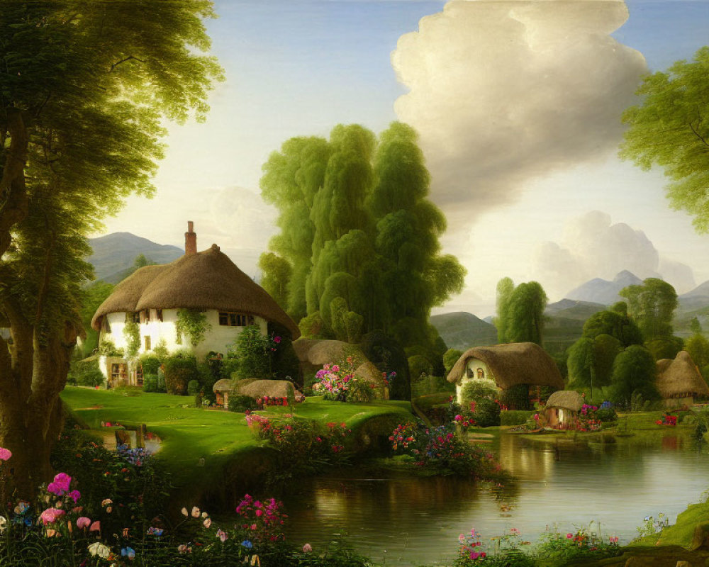 Tranquil countryside scene with thatched-roof cottages, river, and lush greenery
