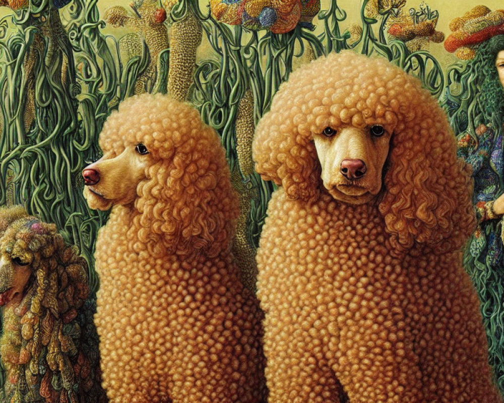 Detailed artwork of apricot poodles, smaller poodle, person in elaborate attire, and decorative background