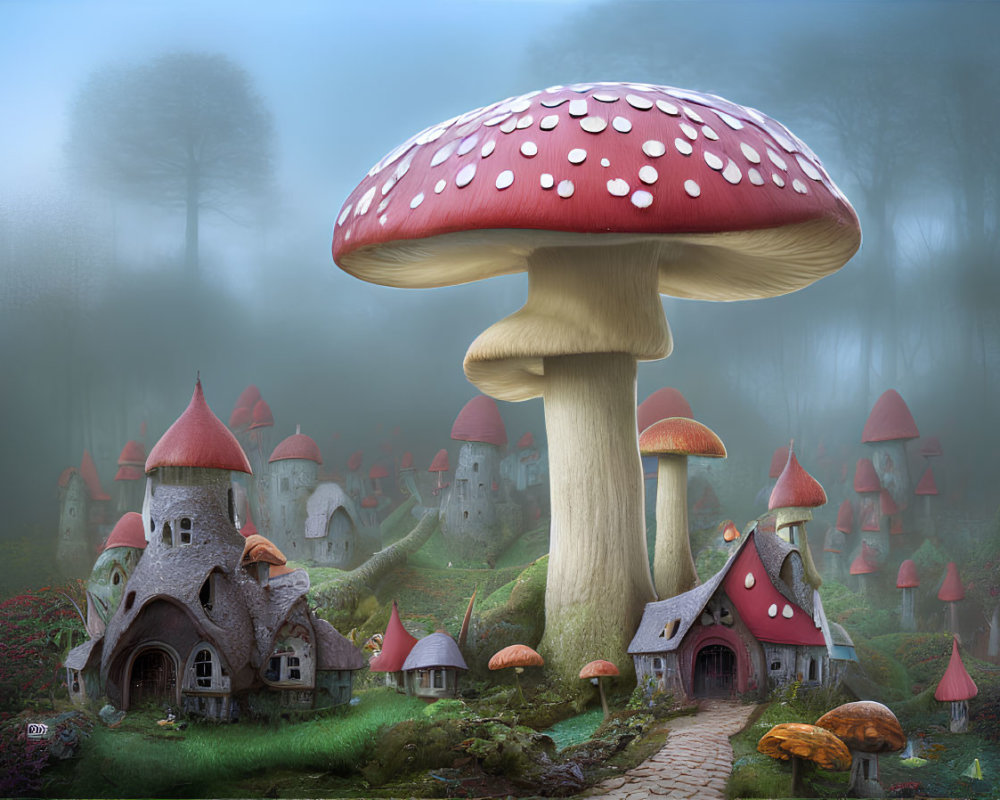 Colorful Mushroom Forest with Fairytale Houses in Foggy Setting
