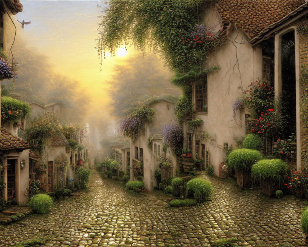 Quaint houses on cobblestone lane with lush greenery and colorful flowers at sunrise