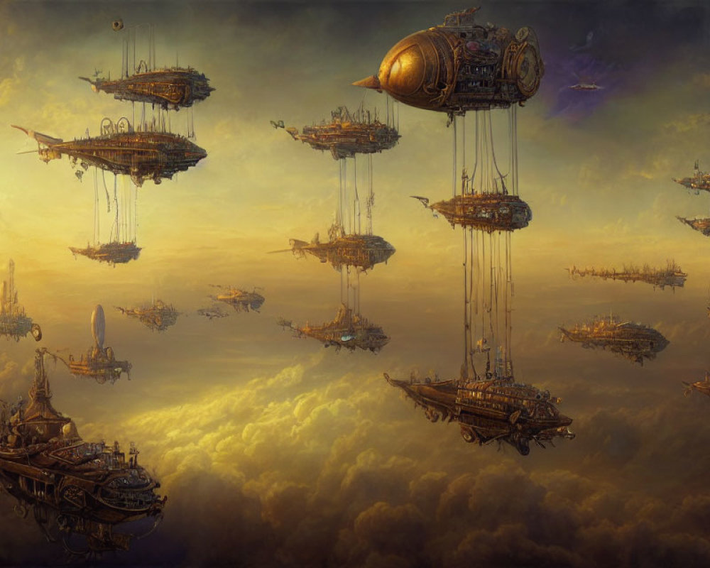 Fantastical Steampunk Airships in Golden Clouds at Dusk