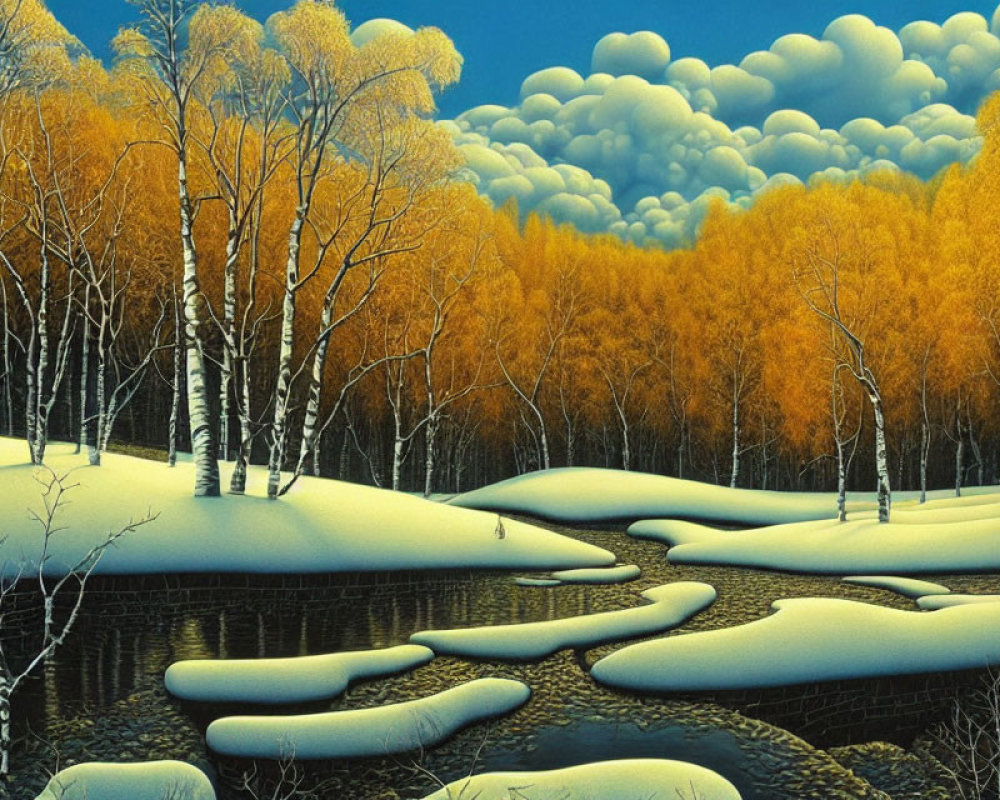 Tranquil winter landscape with meandering stream and snow-covered banks