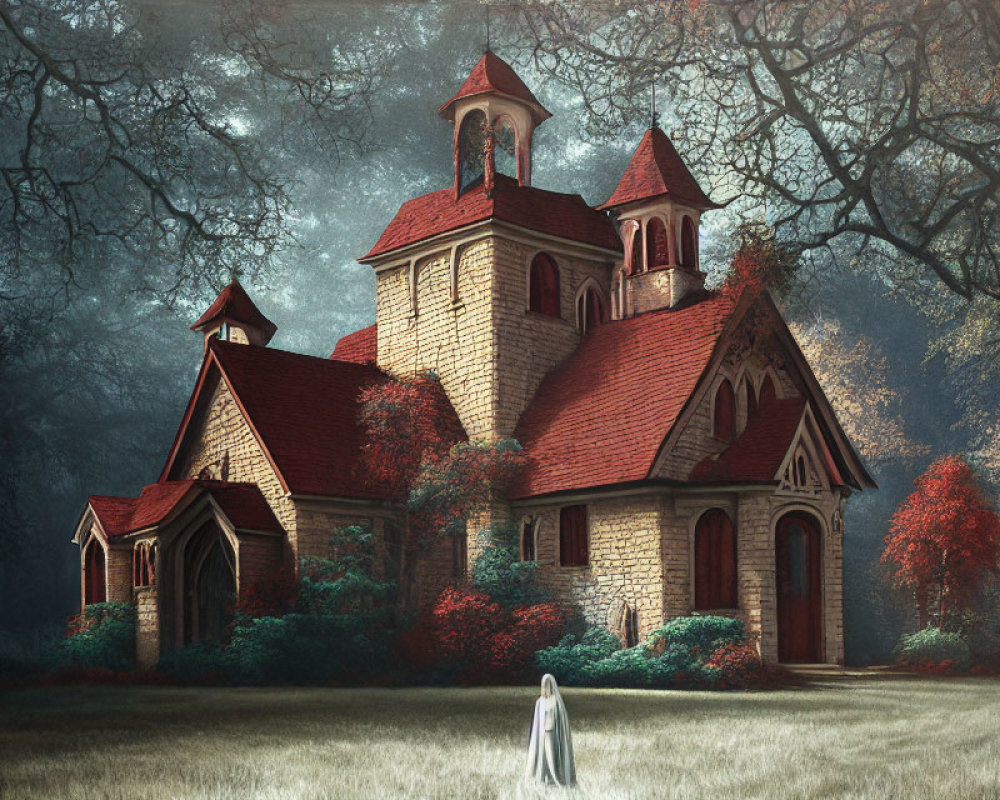 Brick church with towers in forest setting at dusk, solitary figure in white.