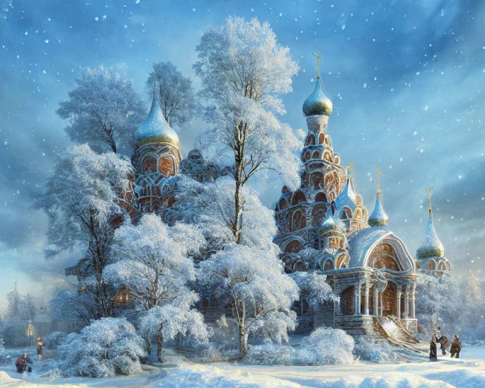 Snow-covered church with onion domes in winter scene