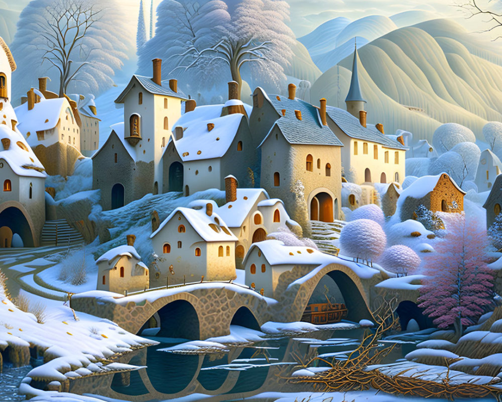 Snow-covered cottages, stone bridge, and rolling hills in a winter village