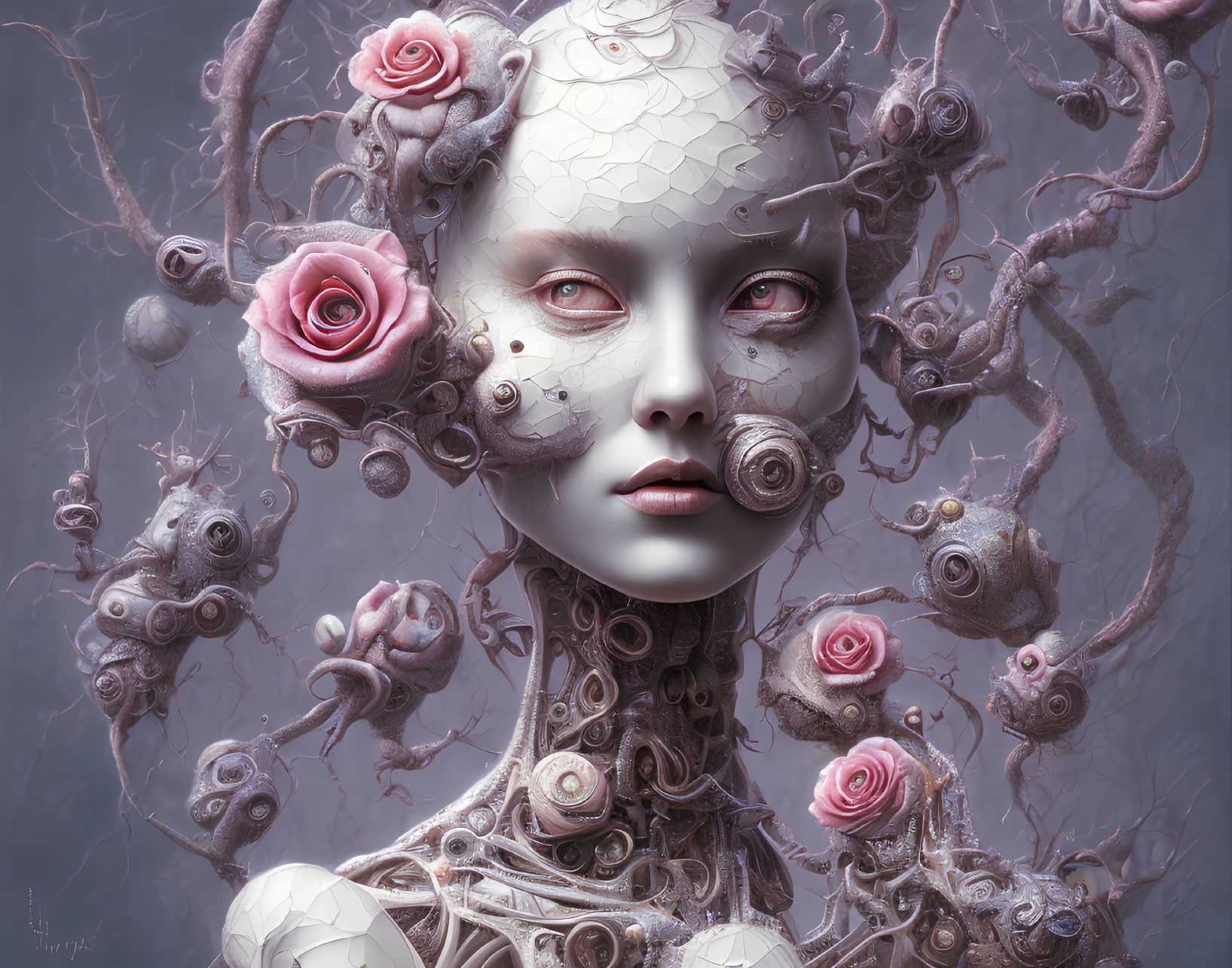 Surreal female figure with cracked porcelain face, mechanical tendrils, and pink roses.