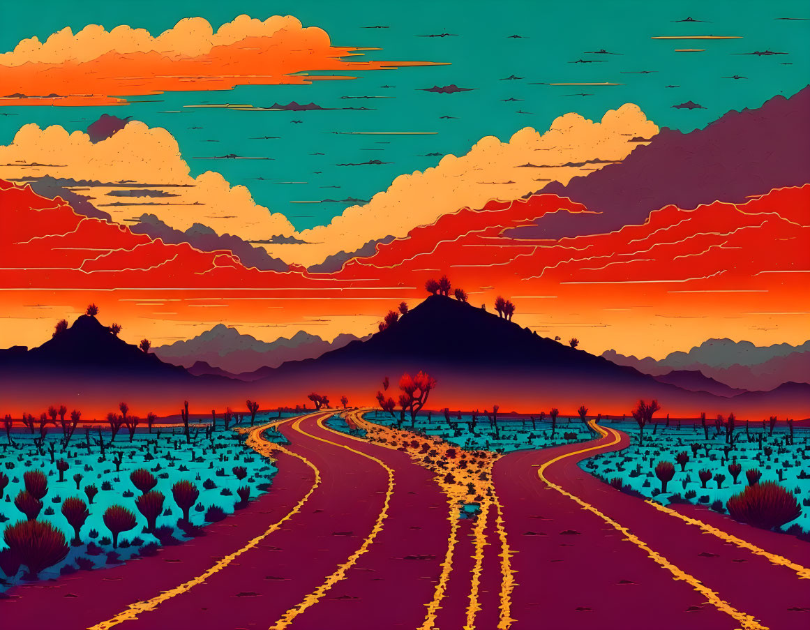 Digital Art: Desert Landscape with Winding Road, Cacti, Mountains, and Colorful Sky