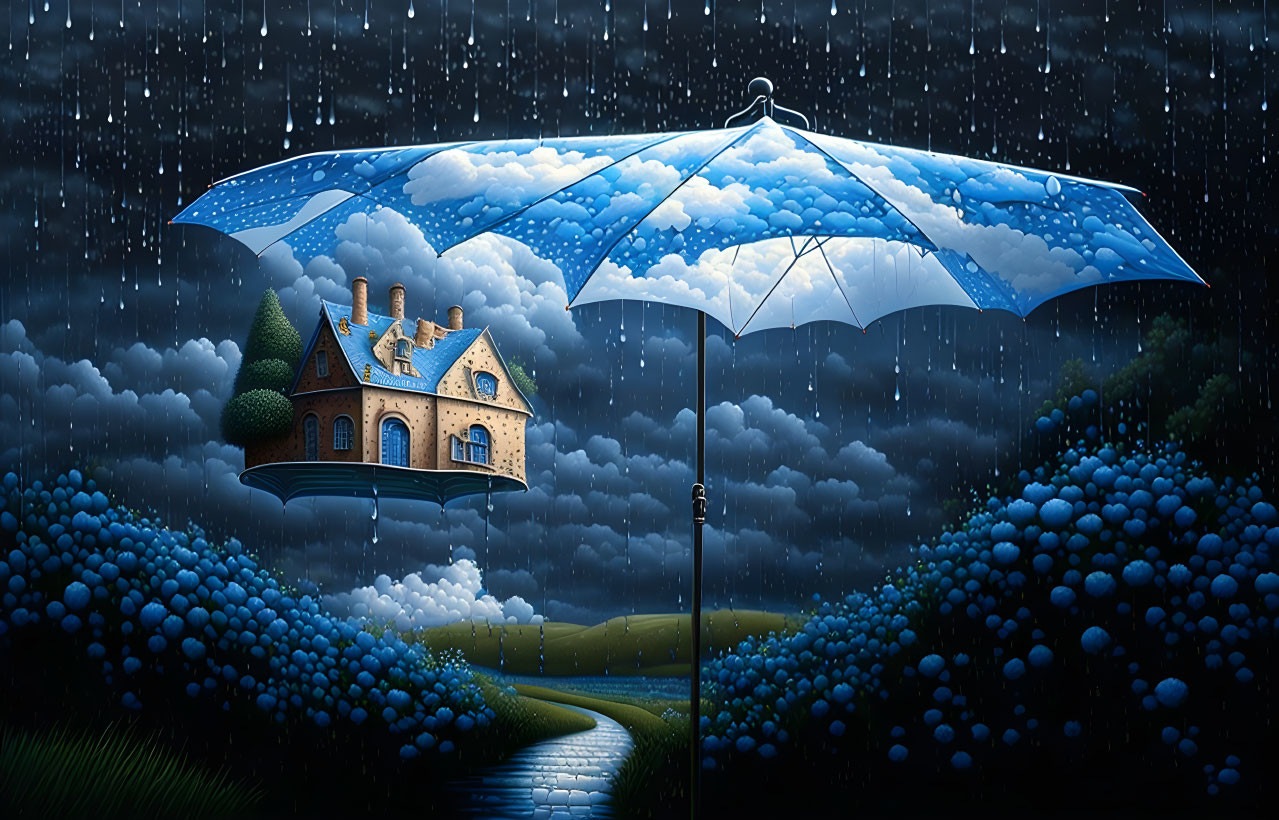 Illustrated scene: Large umbrella over day sky landscape, house under night sky rain