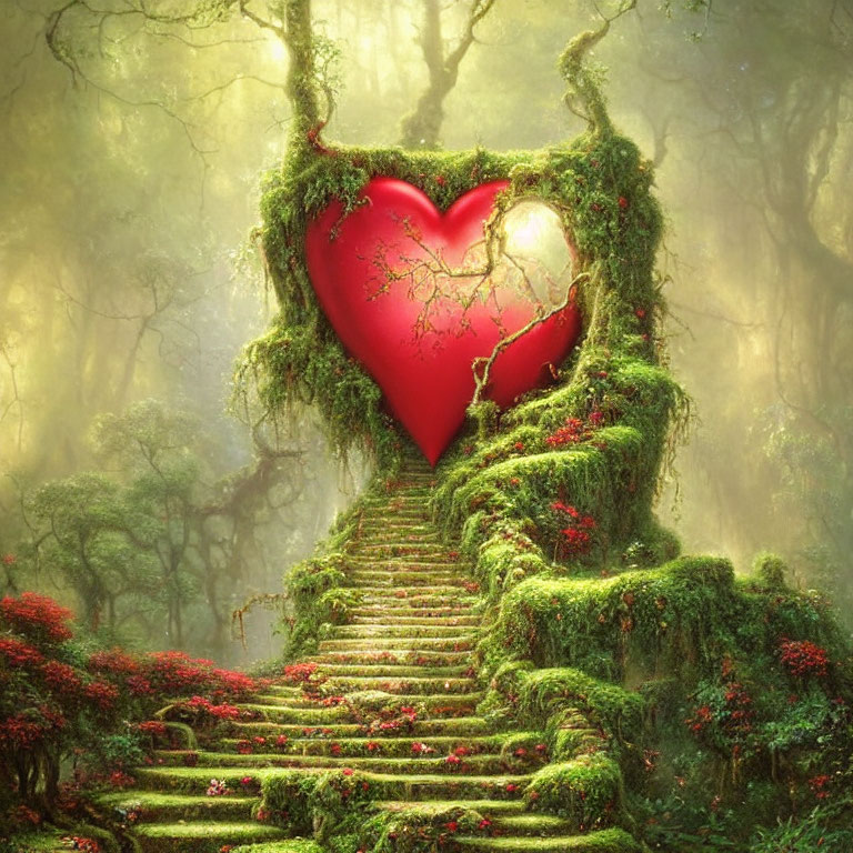 Red heart surrounded by green vines in mystical forest with stone stairway
