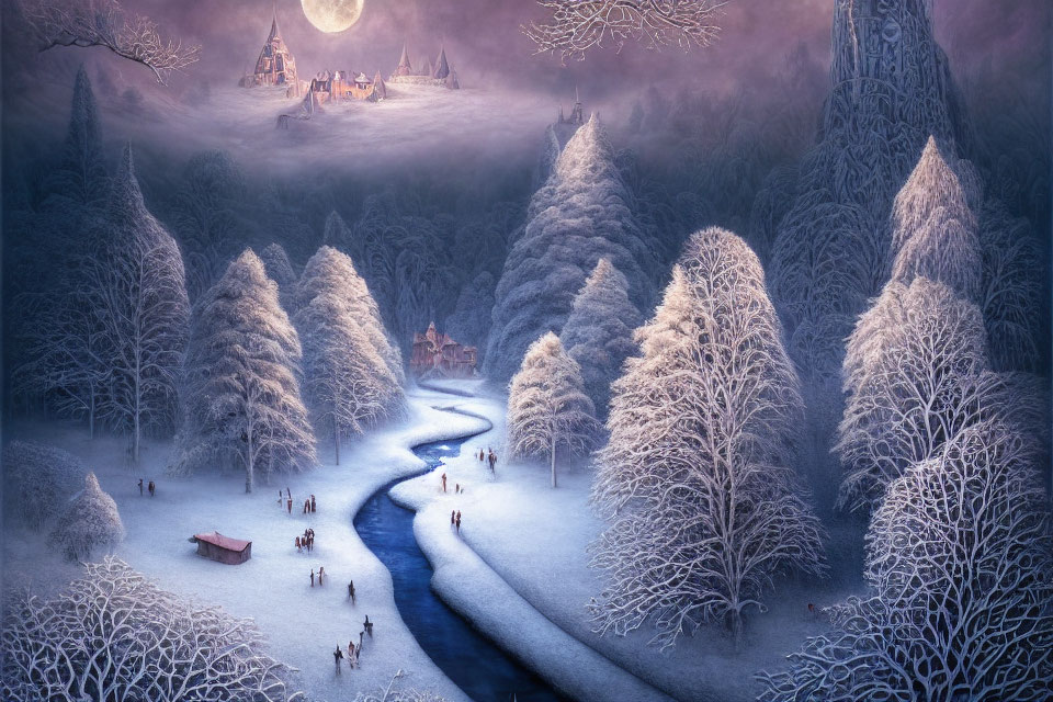 Snow-covered trees, river, boat, ice, and castles in moonlit winter scene