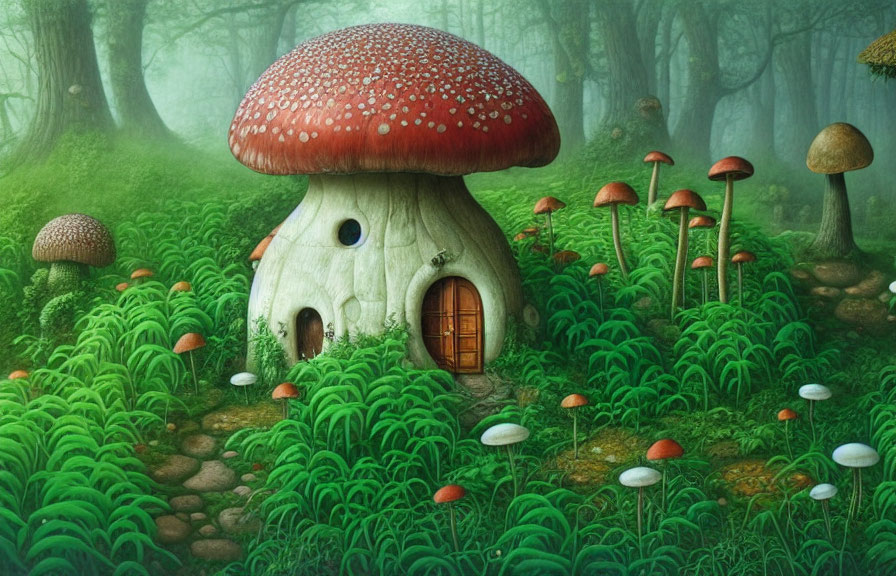Whimsical mushroom house in lush green forest