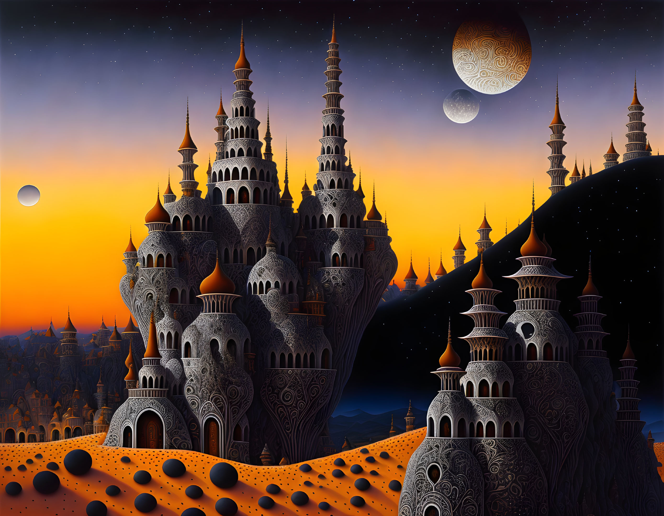 Fantastical night landscape with towers, two moons, and desert spheres