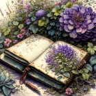 Luxurious Open Journal with Purple Flowers and Quill Pen