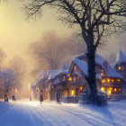 Snowy Evening Scene: Cozy Cottages, Moonlit Sky, Person Walking