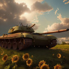 Weathered tank covered in greenery and flowers in peaceful field at sunset