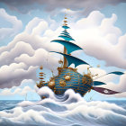 Blue-striped sail ship with ornate golden trim on choppy ocean waves under stylized clouds