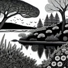 Detailed Monochrome Landscape Illustration with Trees, Plants, and Birds