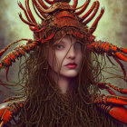 Fantasy Female Character with Gold and Red Headdress and Armor in Twisted Branches
