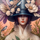 Illustrated portrait of woman with decorative hat and floral backdrop