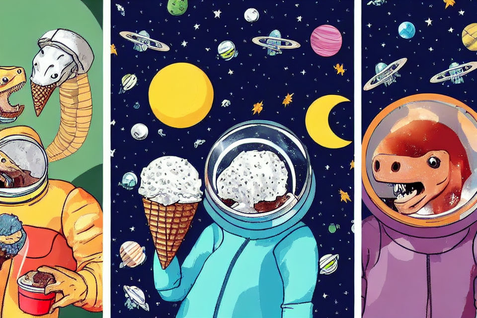 Vibrant astronaut dinosaurs enjoy ice cream in space