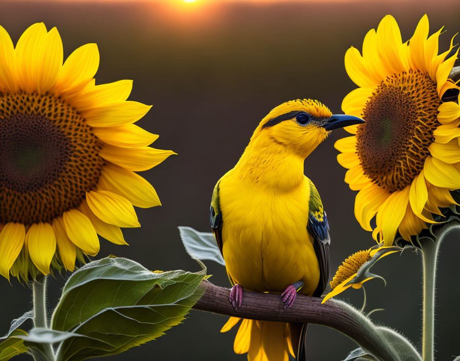 Yellow sunflower bird on sunflowers