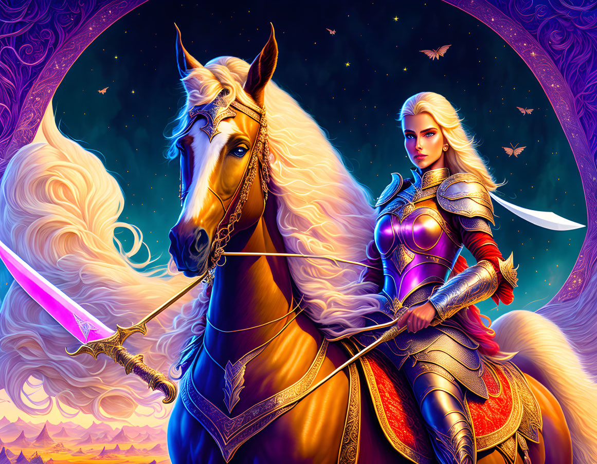 She-Ra a cavalo com cabelos loiros e uma espada