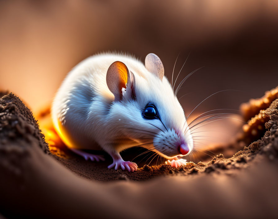 Foto macro de um rato branco saindo de sua toca.