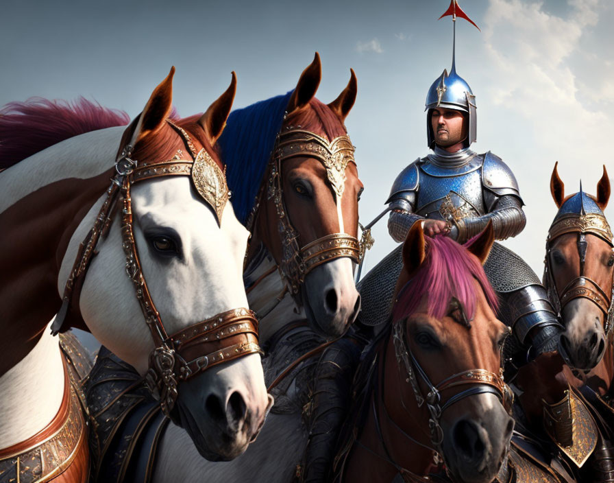 Justiça medieval, cavalos enormes, armadura real.