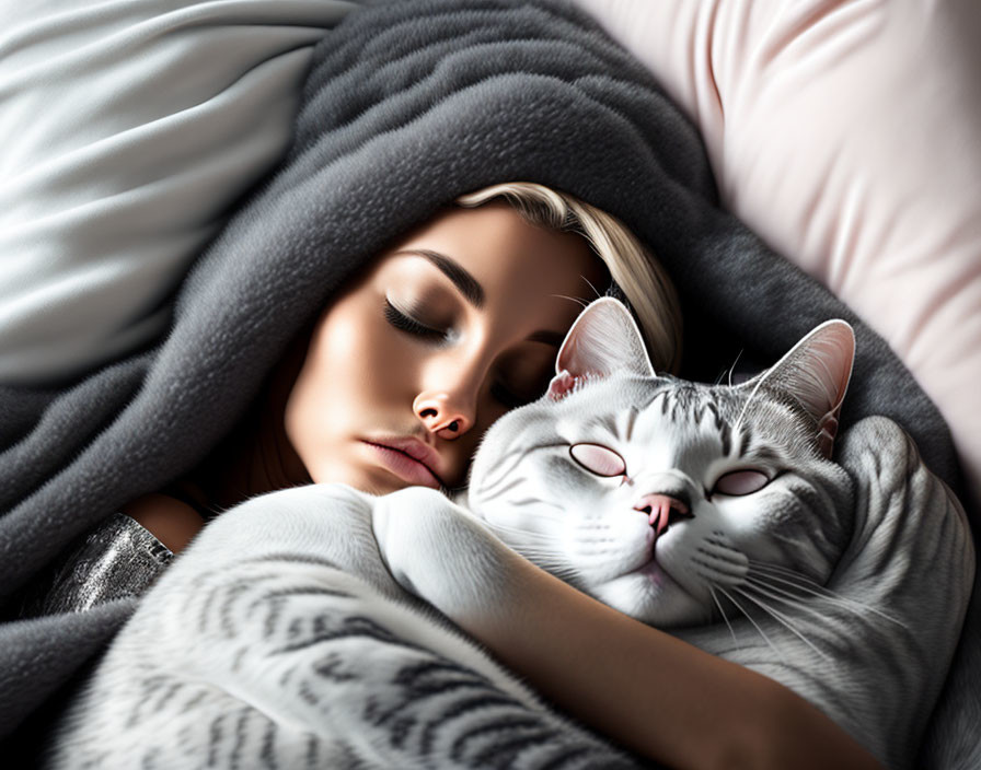 Gray Cat Hug in Sleep