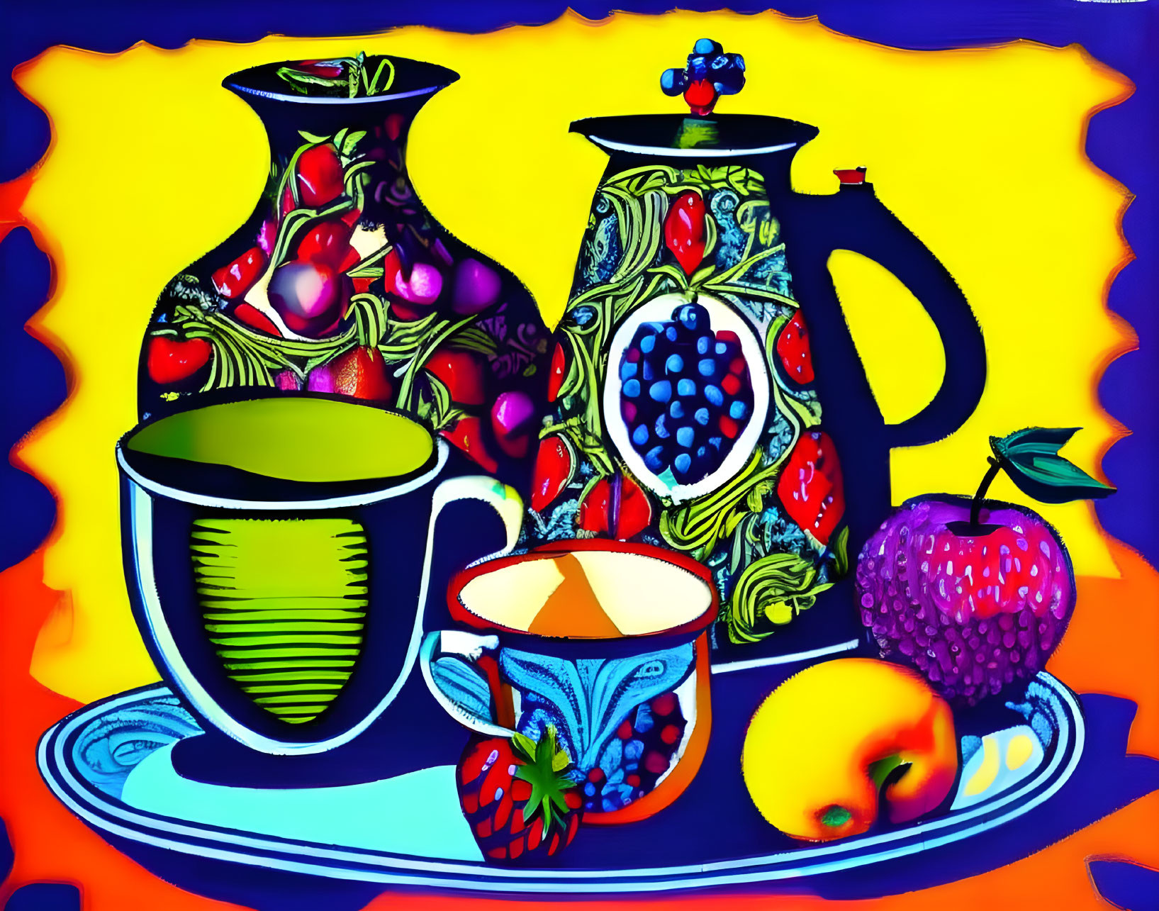 coffee pot with cups and fruits