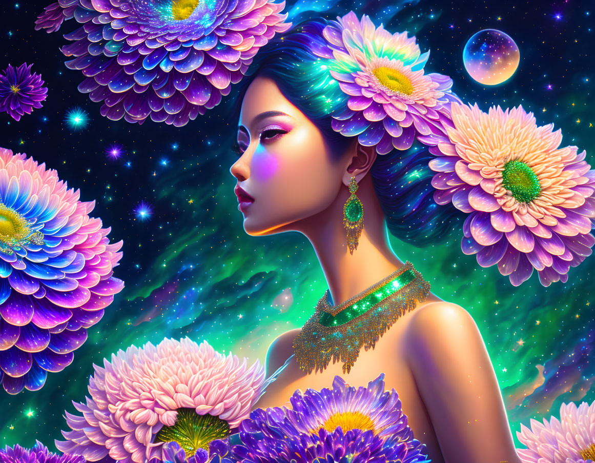girl with beautiful chrysanthemums
