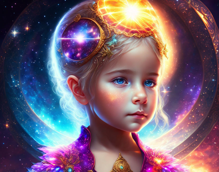 beautiful child sorceress with universe