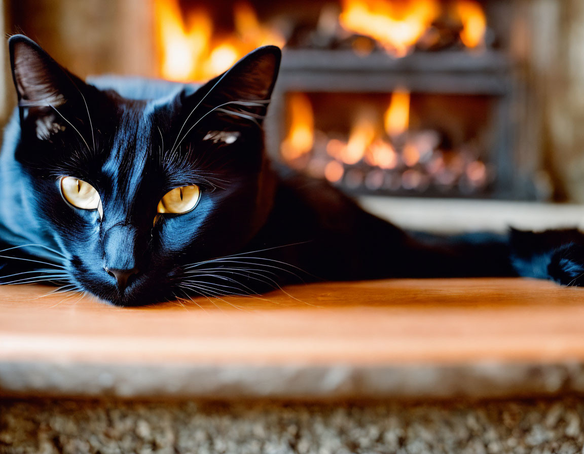 Black Cat in front of a Fireplace