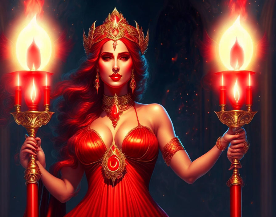 Goddess Hekate with red dress holding torches