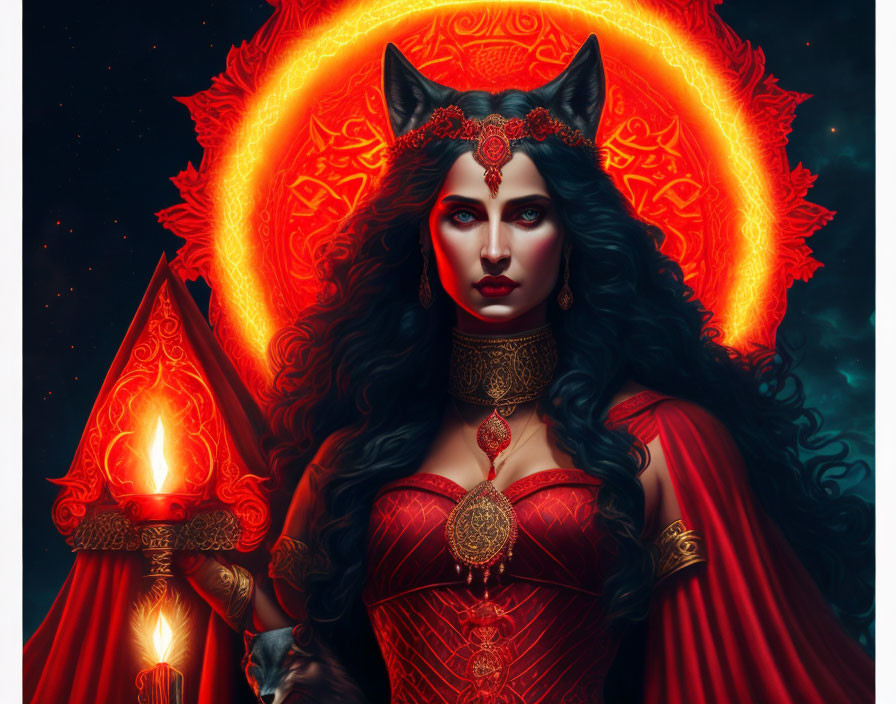 Goddess Hecate with red dress holding torches and 