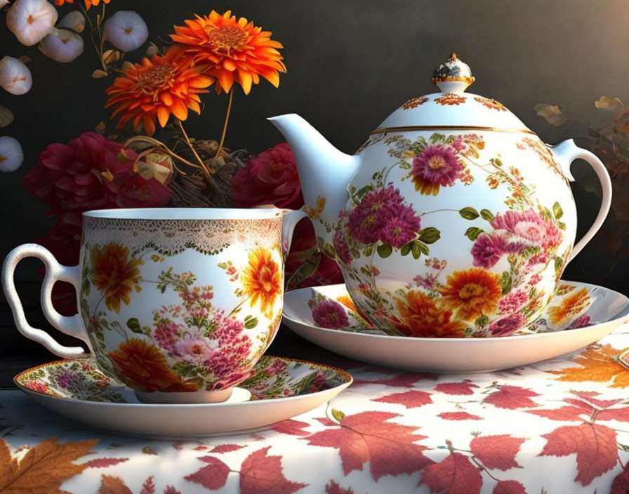still life autumn flowers kettle cups saucers teas