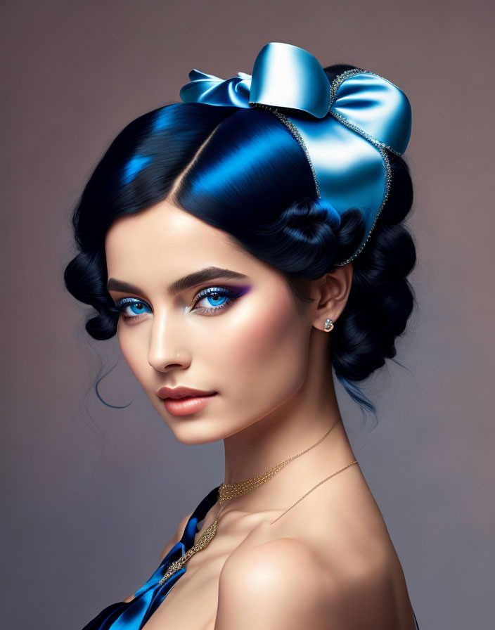 girl dressed in blue satin dress and black hair wi