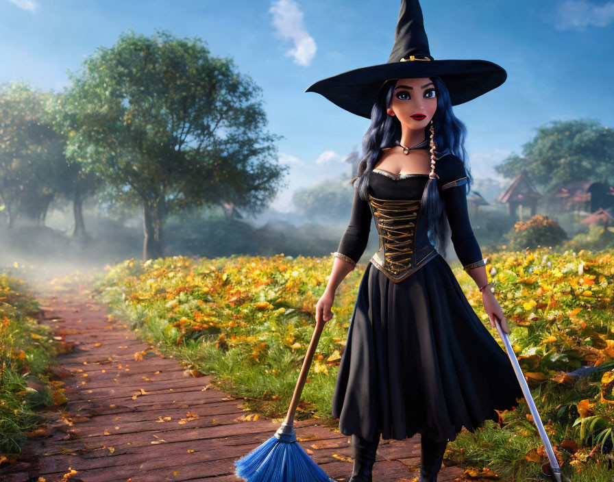 witch with broom and pentosa on halloween backgrou